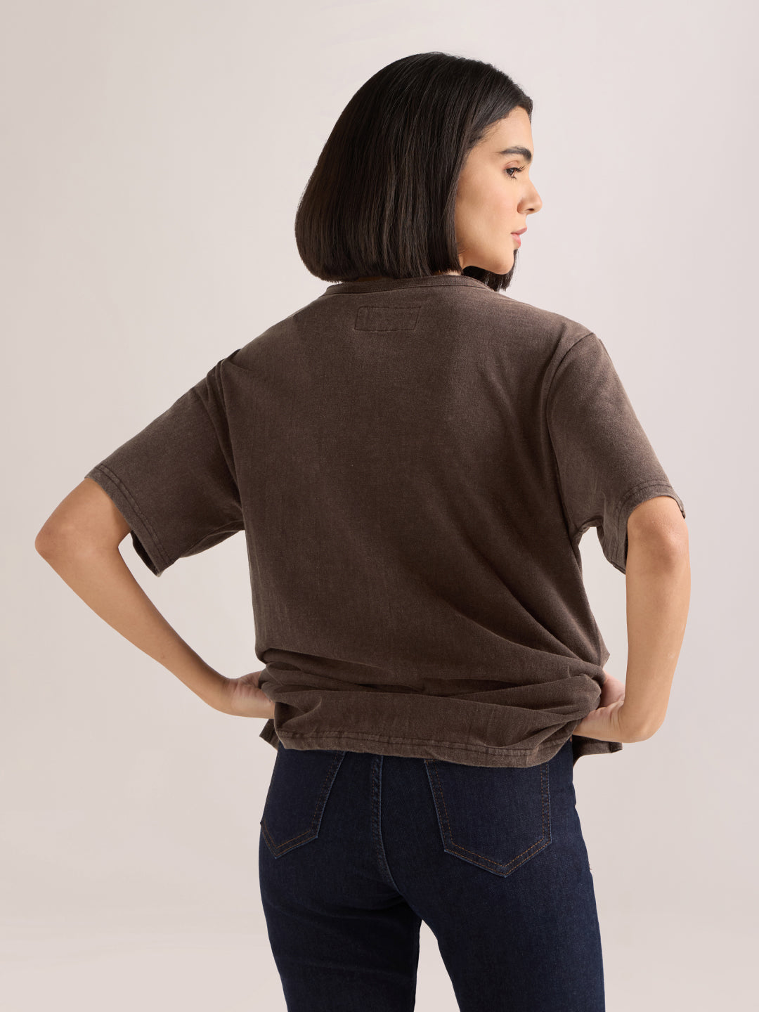 Womens Solid Oversized Slub Jersey Acid Washed  Boat Neck Tshirt