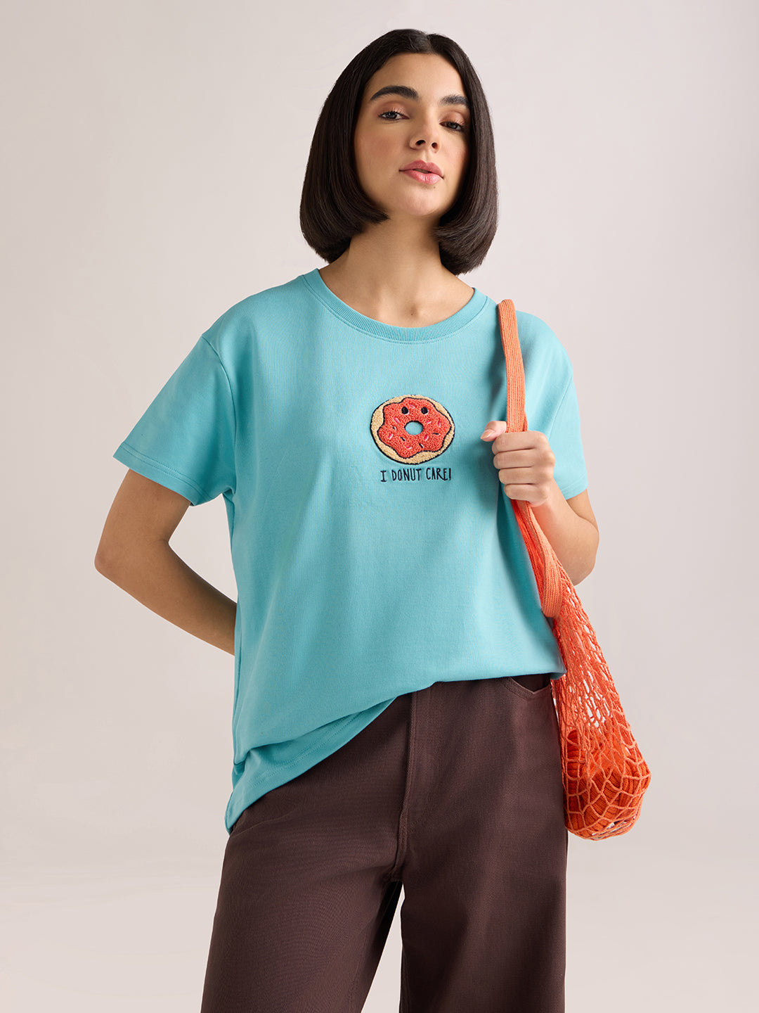 Womens Embroidery Boxy Regular Fit French Terry Cotton Tshirt