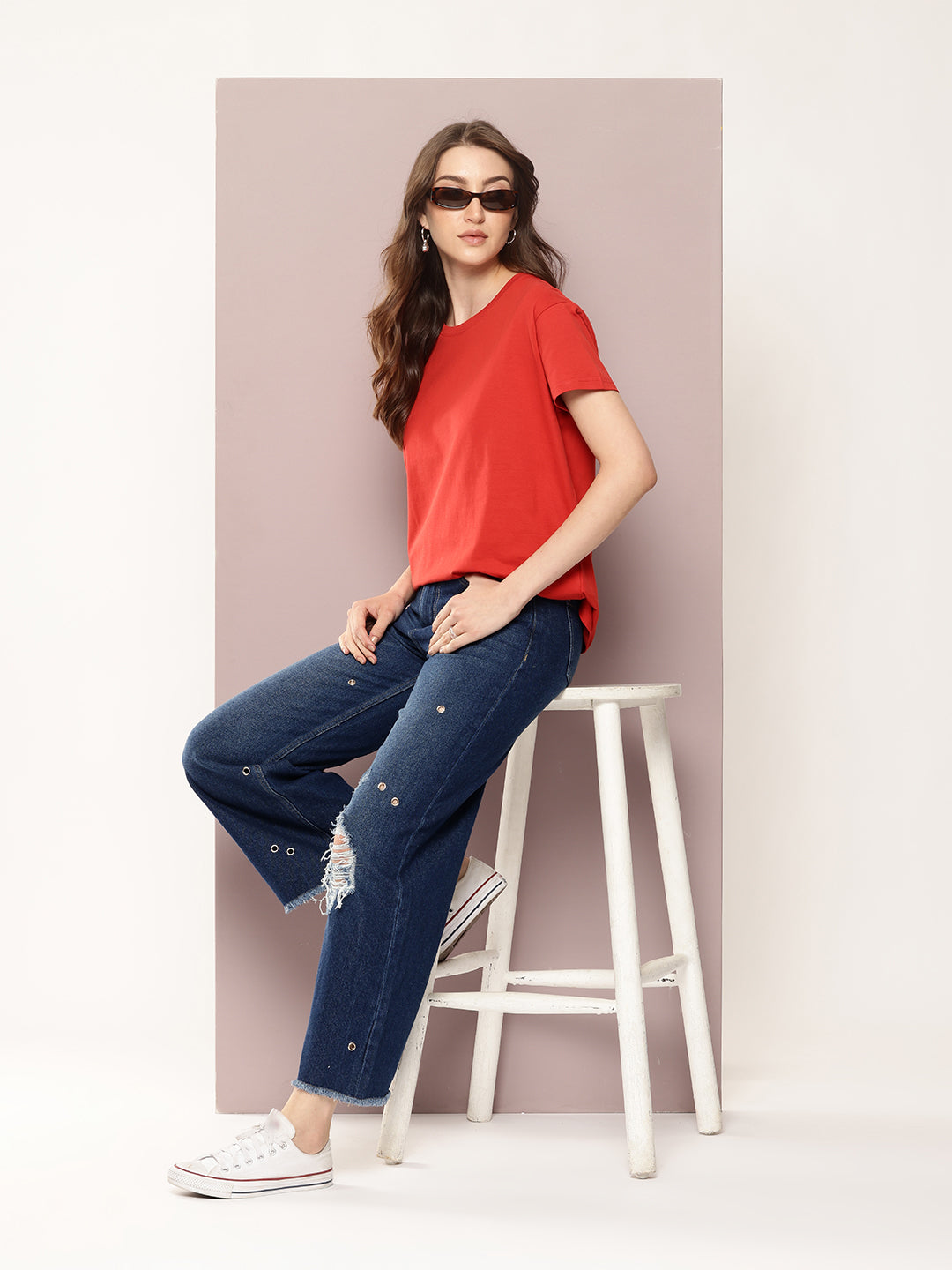 Womens Half Sleeve Round Neck Solid Boxy Fit Tshirts