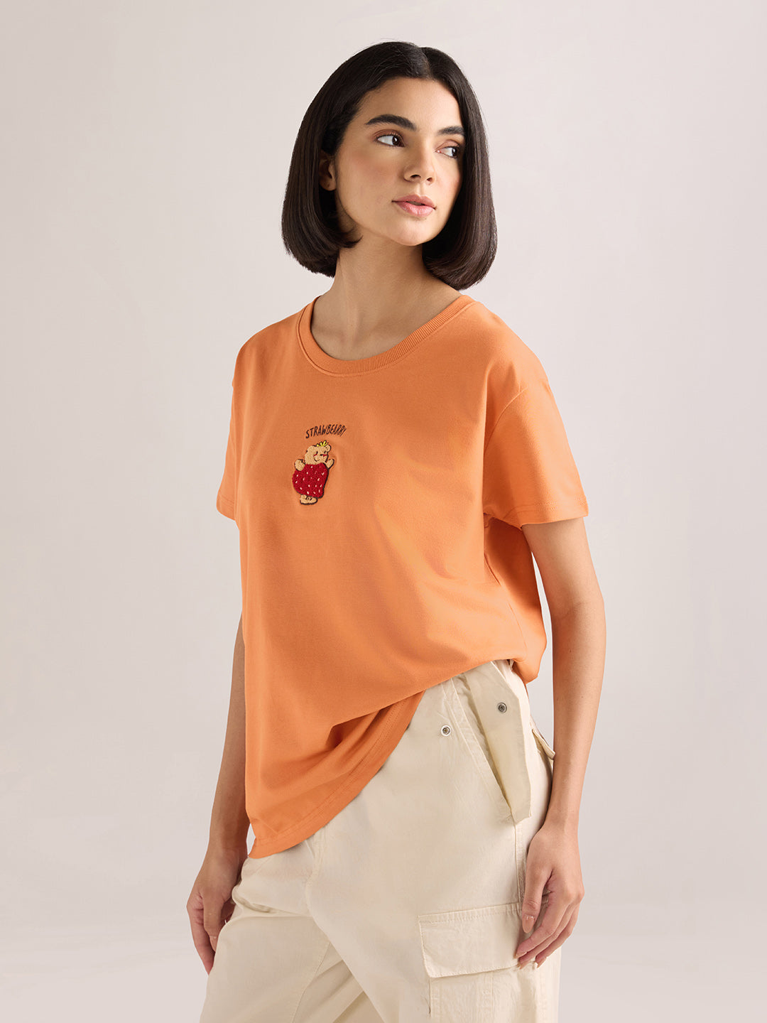 Womens Embroidery Boxy Regular Fit French Terry Cotton Tshirt