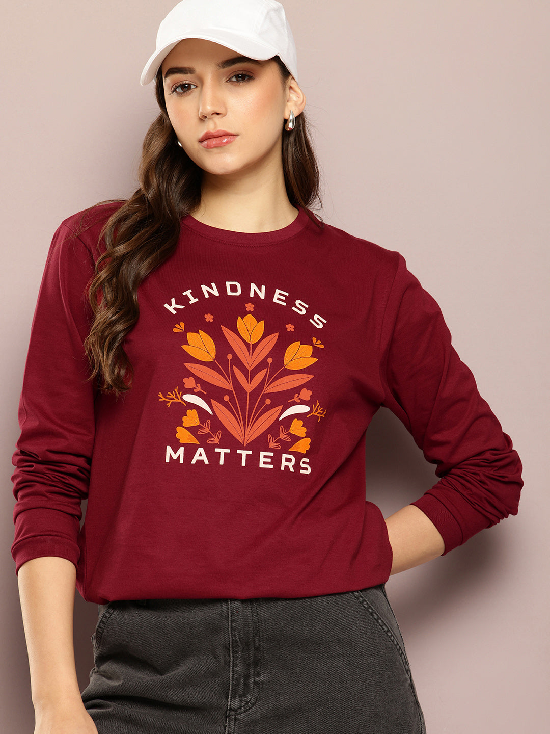 Womens Full Sleeve Round Neck Printed Oversized Fit Tshirts
