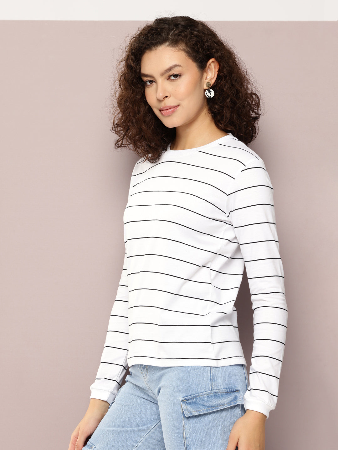 Womens Full Sleeve Round Neck All-Over Striped Regular Fit Tshirts