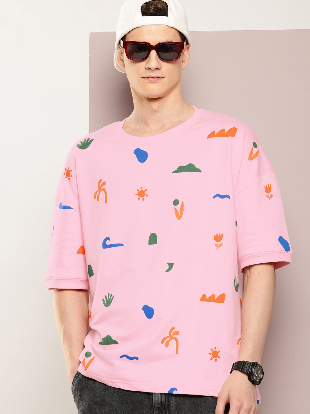 Mens Half Sleeve Round Neck All-Over Printed Oversized Fit Tshirts