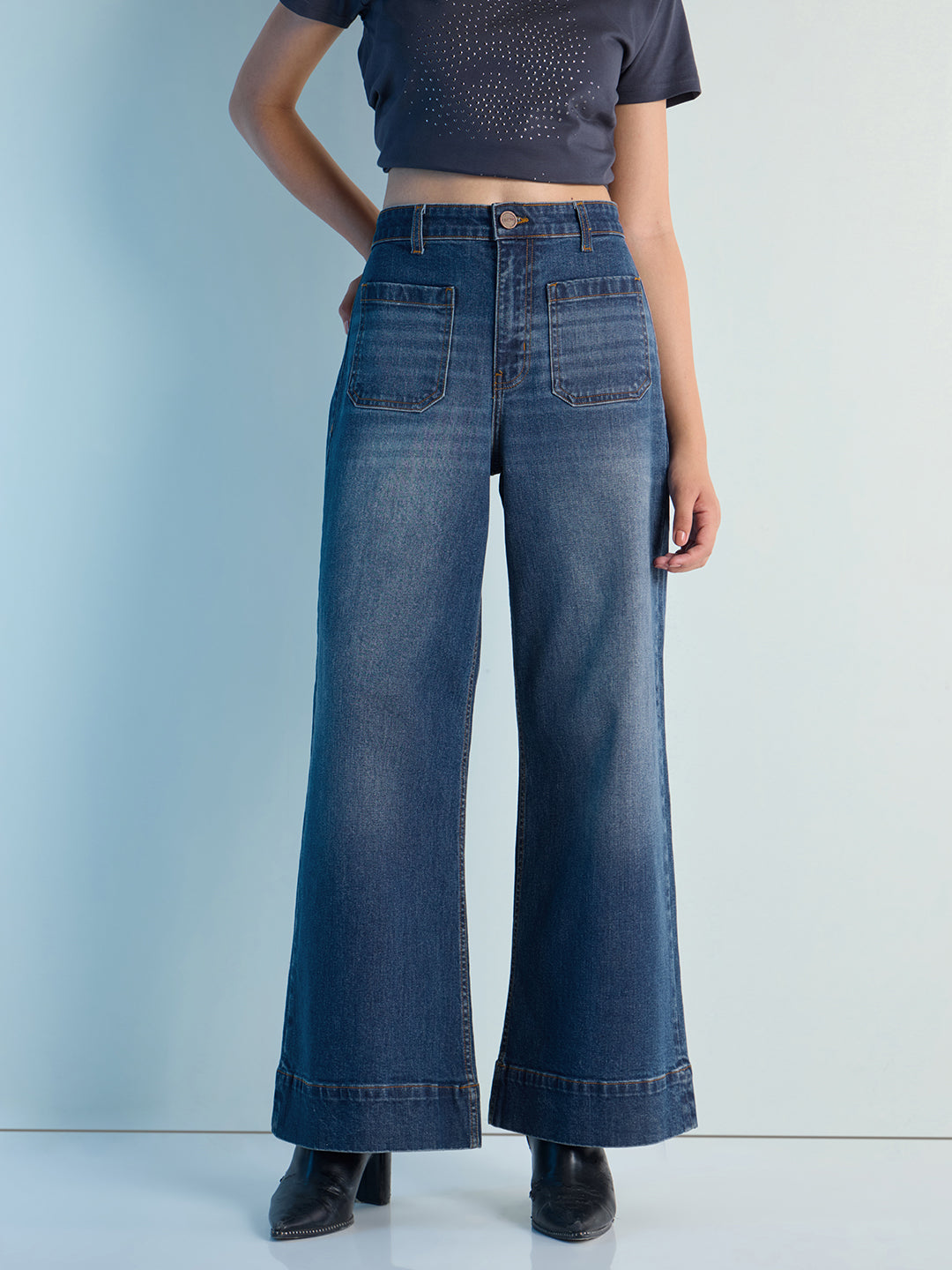 Womens Wide Leg Patch Pocket Denim Jeans Pant