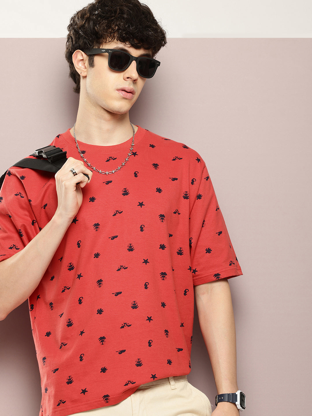 Mens Half Sleeve Round Neck All-Over Printed Oversized Fit Tshirts
