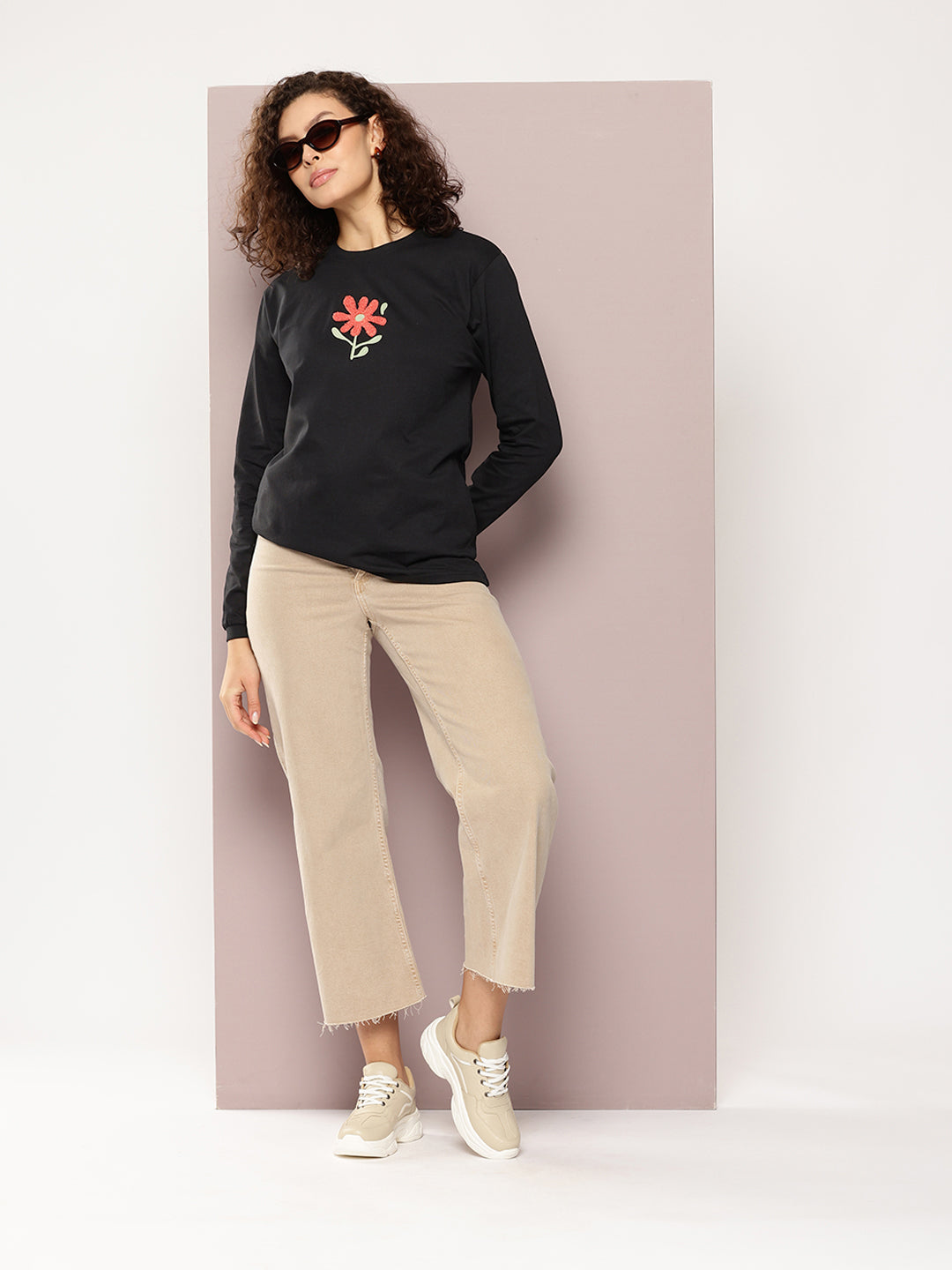 Womens Full Sleeve Round Neck Embroidered Oversized Fit Tshirts