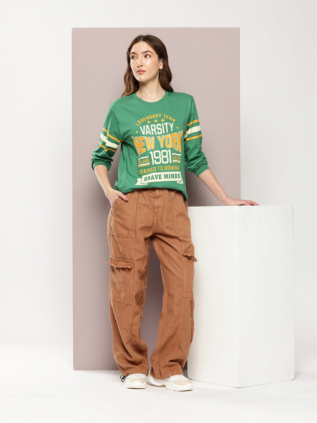 Womens Full Sleeve Round Neck Printed Oversized Fit Tshirts