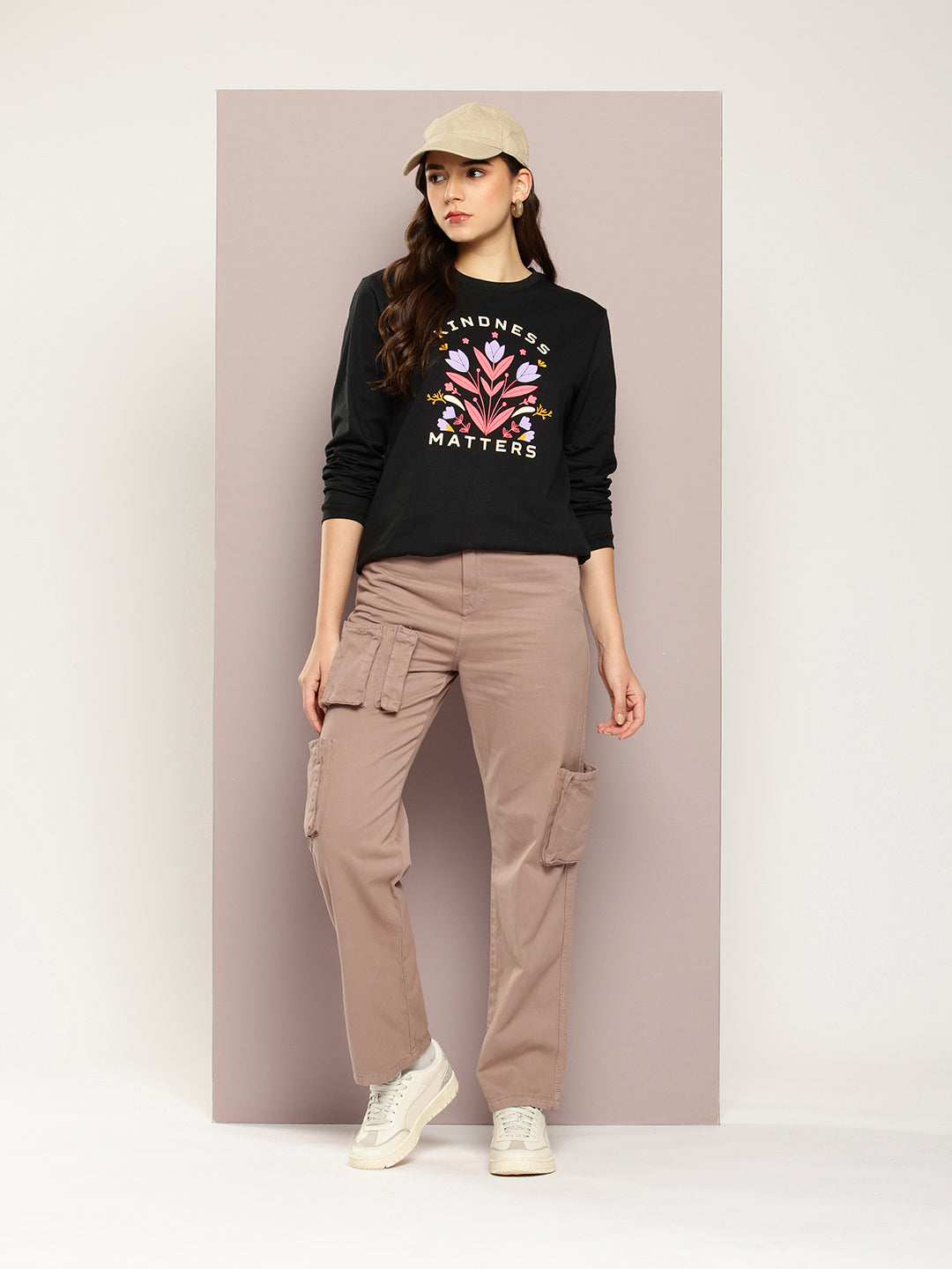 Womens Full Sleeve Round Neck Printed Oversized Fit Tshirts