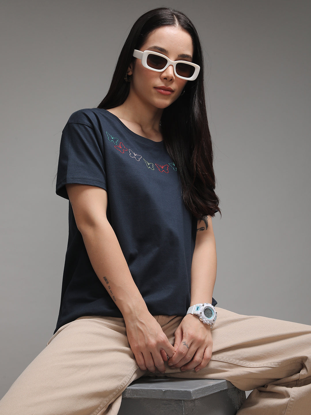 Womens Half Sleeve Round Neck Embroidery Boxy Fit Tshirts