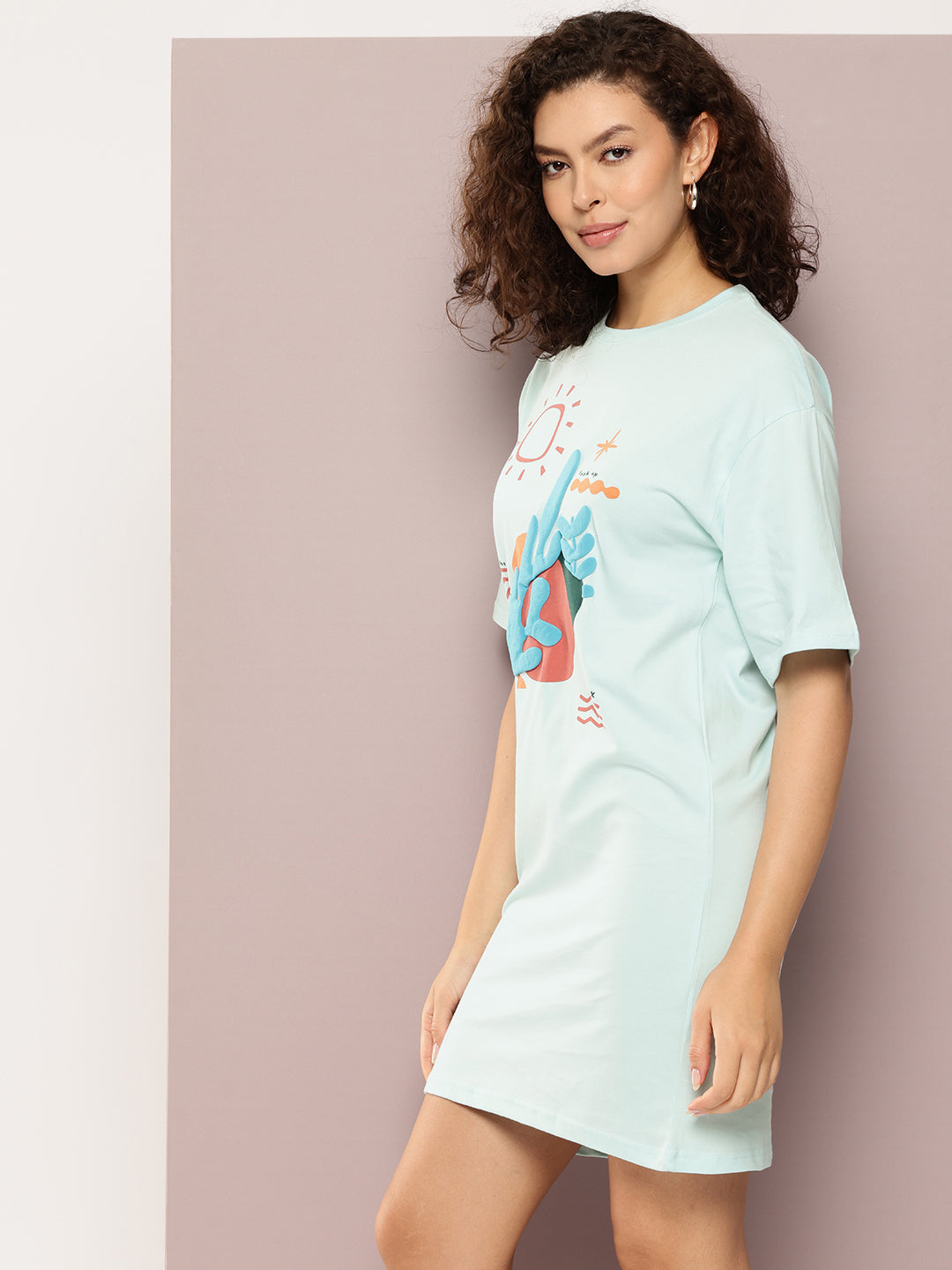Womens Oversized Short Sleeves Printed Tshirt Dress