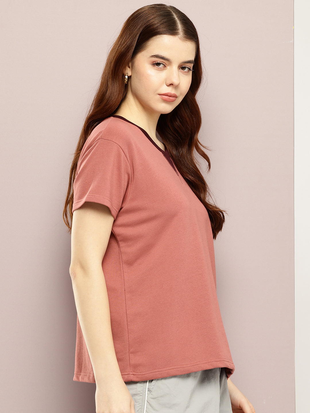 Womens Half Sleeve V-Neck Solid Boxy Fit Tshirts