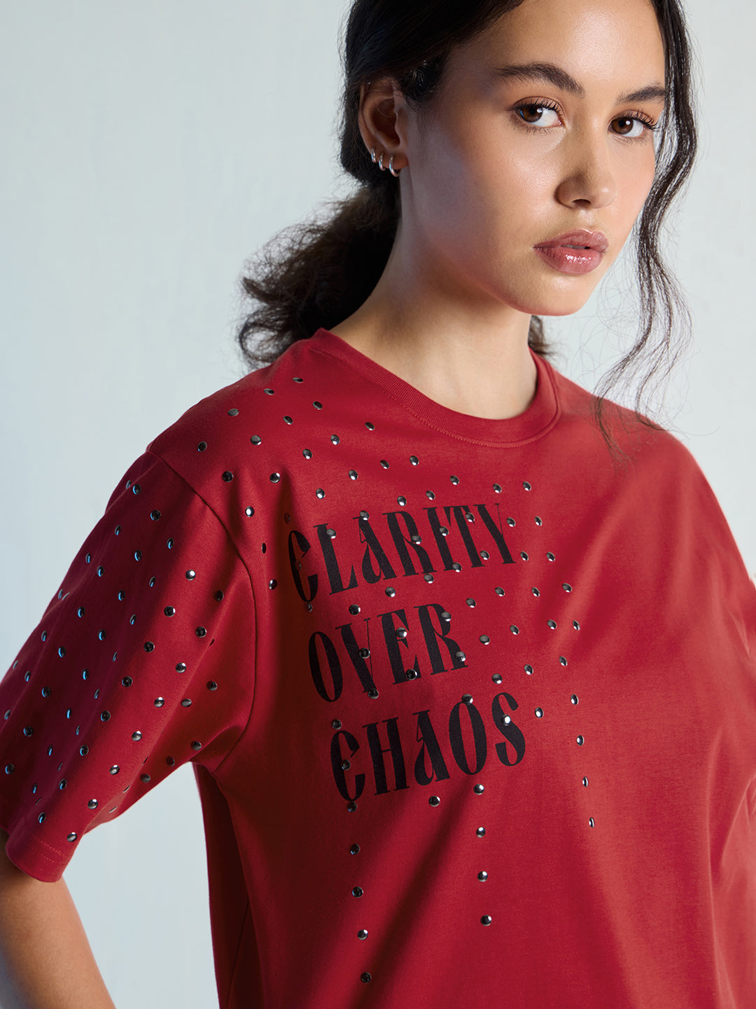 Womens Stud Detailed Oversized Round Neck Tshirt 