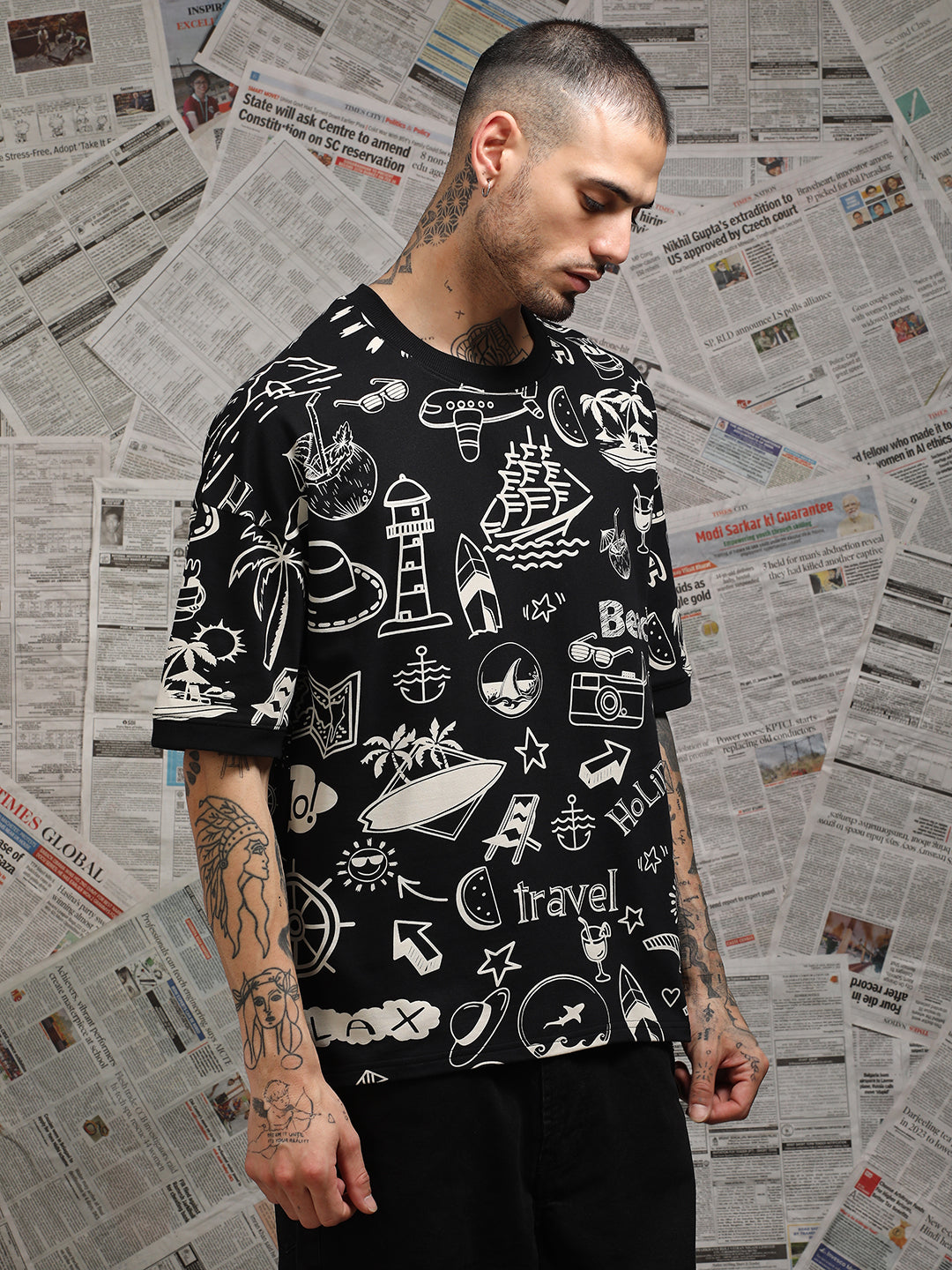 Mens Half Sleeve Drop Shoulder Printed Oversized Fit T-Shirts