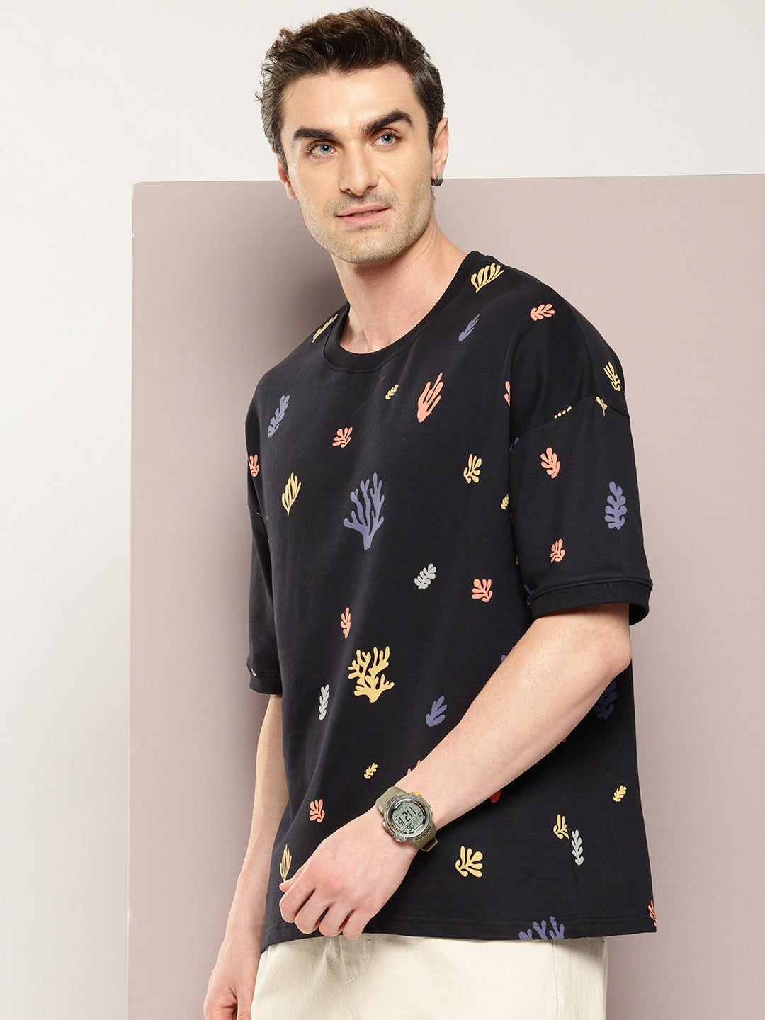 Mens Half Sleeve Round Neck All-Over Printed Oversized Fit Tshirts