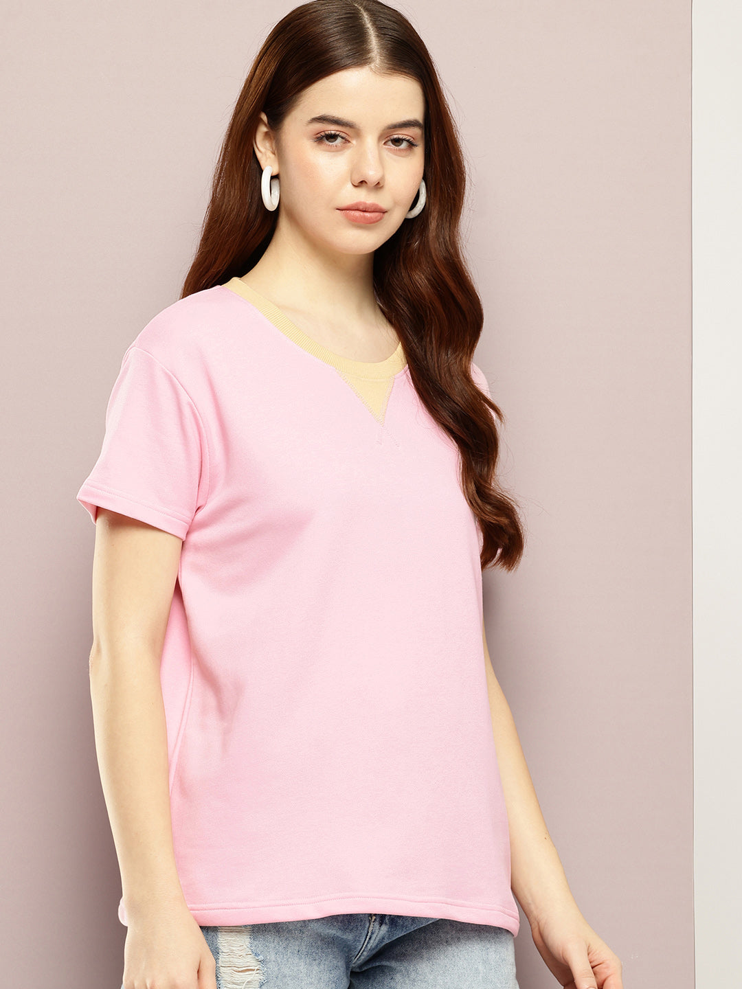 Womens Half Sleeve V-Neck Solid Boxy Fit Tshirts