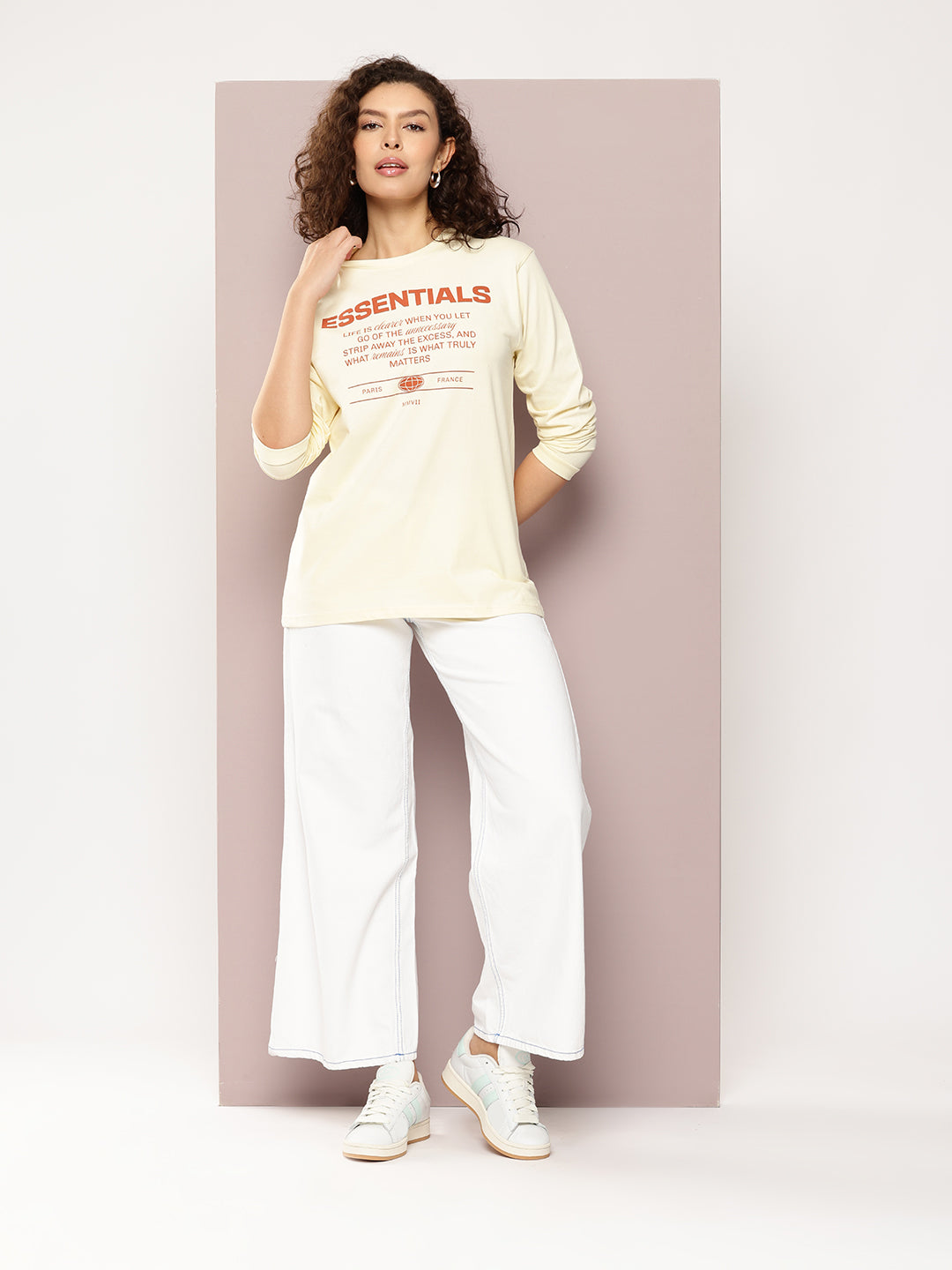 Womens Full Sleeve Round Neck Printed Oversized Fit Tshirts
