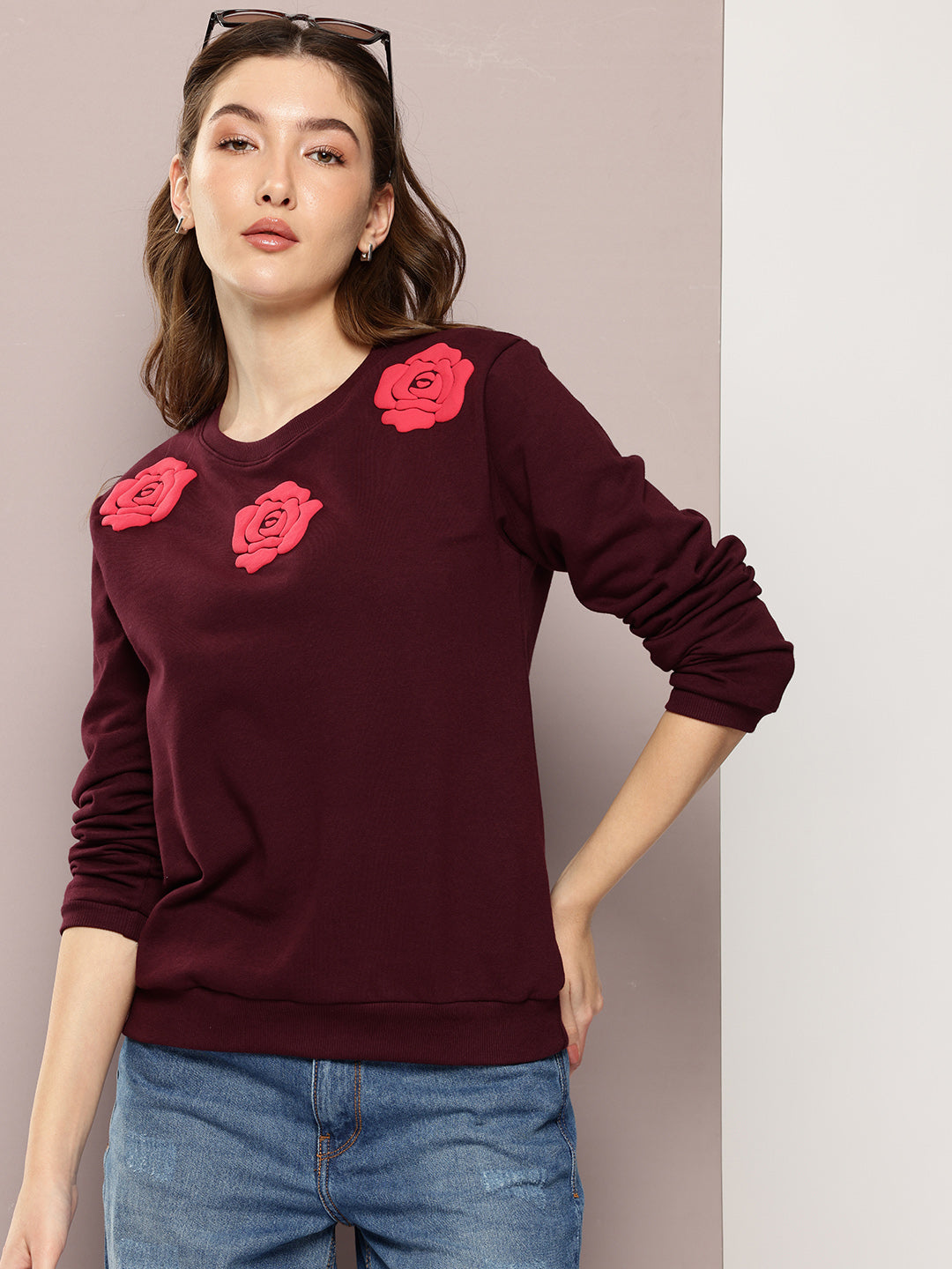 Womens Full Sleeve Round Neck Embellished Relaxed Fit Tshirts