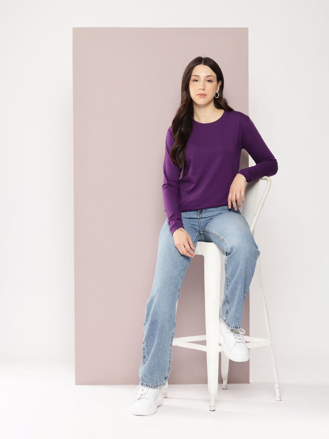 Womens Full Sleeve Round Neck Solid Regular Fit Tshirts