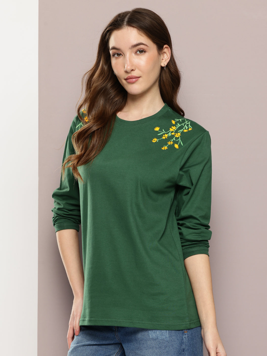Womens Full Sleeve Round Neck Embroidered Oversized Fit Tshirts
