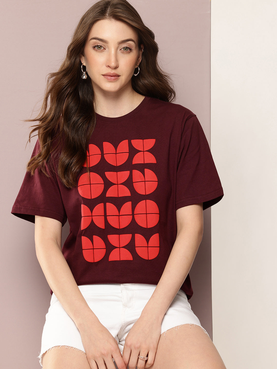Womens Half Sleeve Round Neck Puff Print Oversized Fit Tshirts