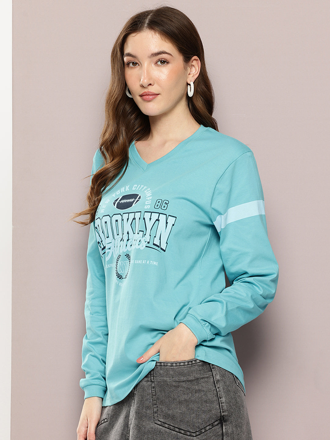 Womens Full Sleeve Round Neck Printed Oversized Fit Tshirts