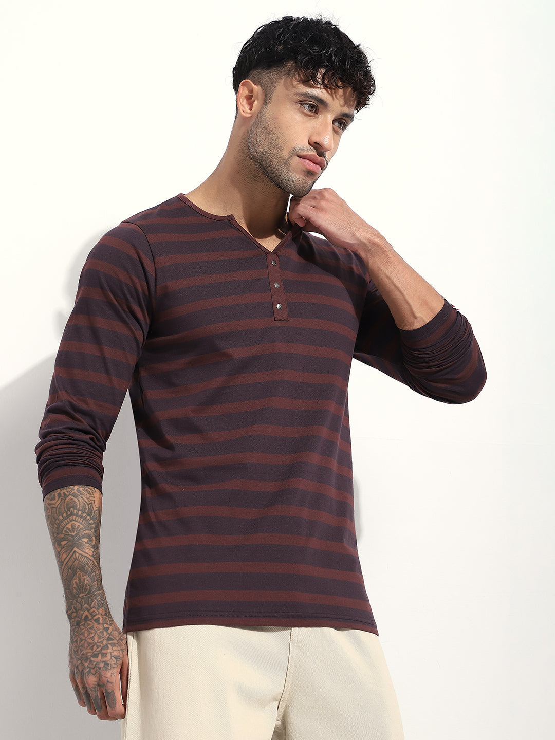 Mens Full Sleeve Henley Neck Striped Regular Fit Tshirts