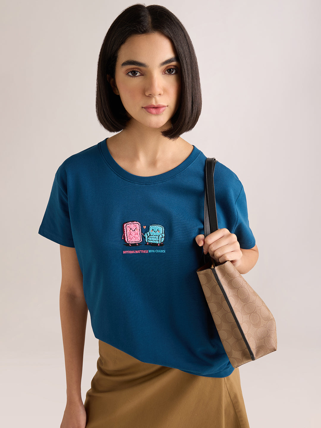 Womens Embroidery Boxy Regular Fit French Terry Cotton Tshirt
