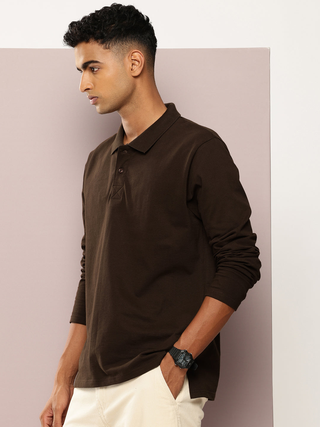 Mens Full Sleeve Polo Neck Solid Oversized Fit Tshirts