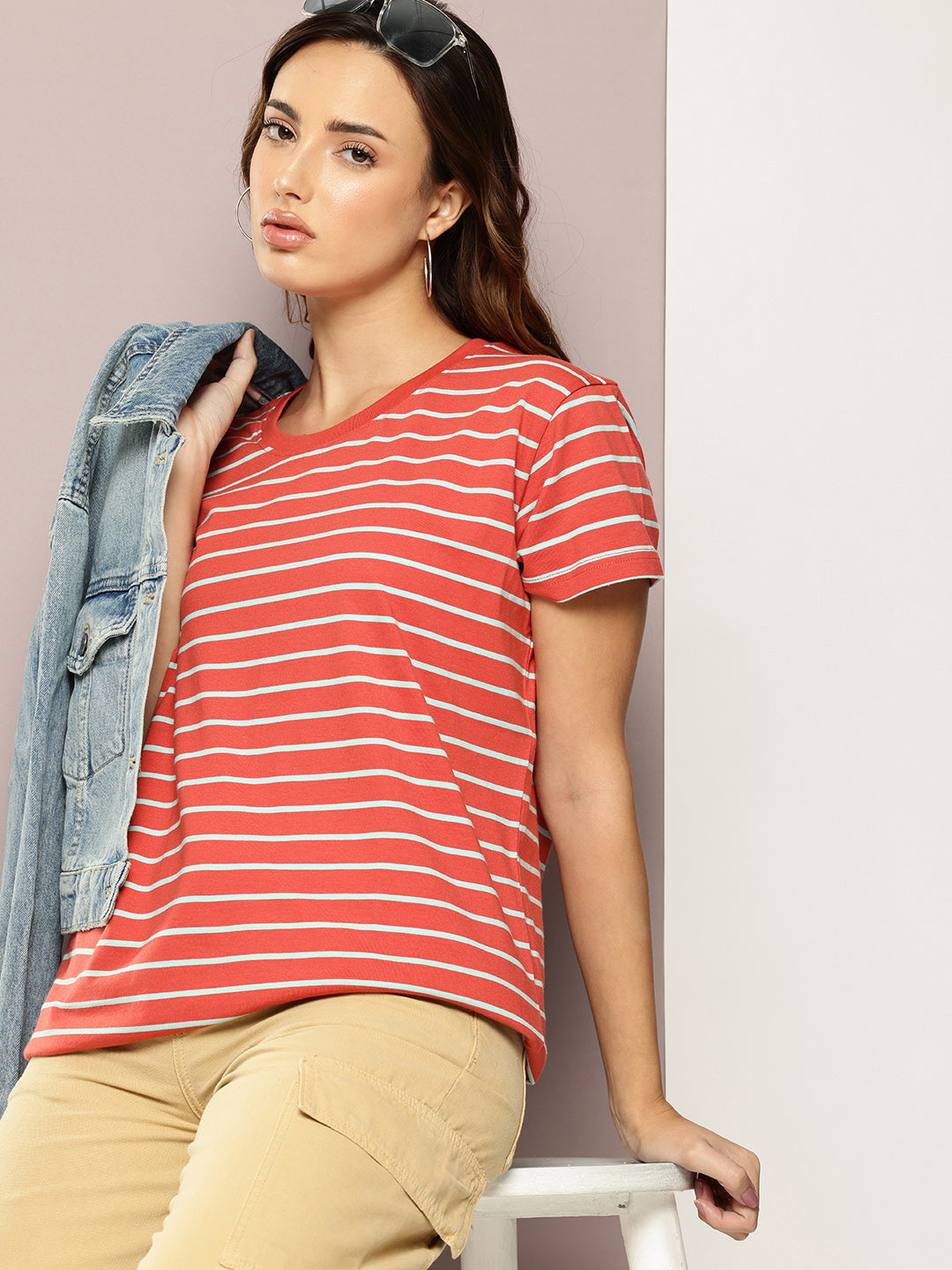 Womens Half Sleeve Round Neck All-Over Striped Boxy Fit Tshirts