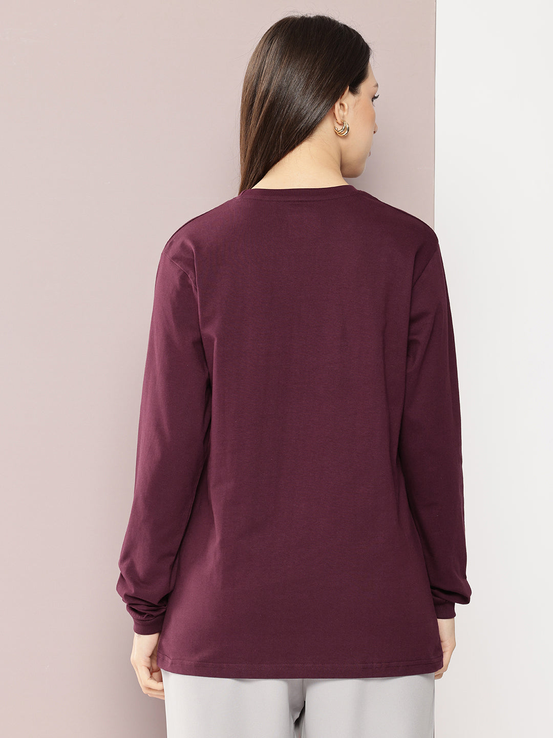 Womens Full Sleeve Round Neck Printed Oversized Fit Tshirts