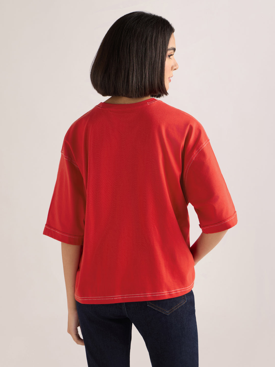 Womens Embroidery Boxy Regular Fit Cut & Sew Cotton Tshirt