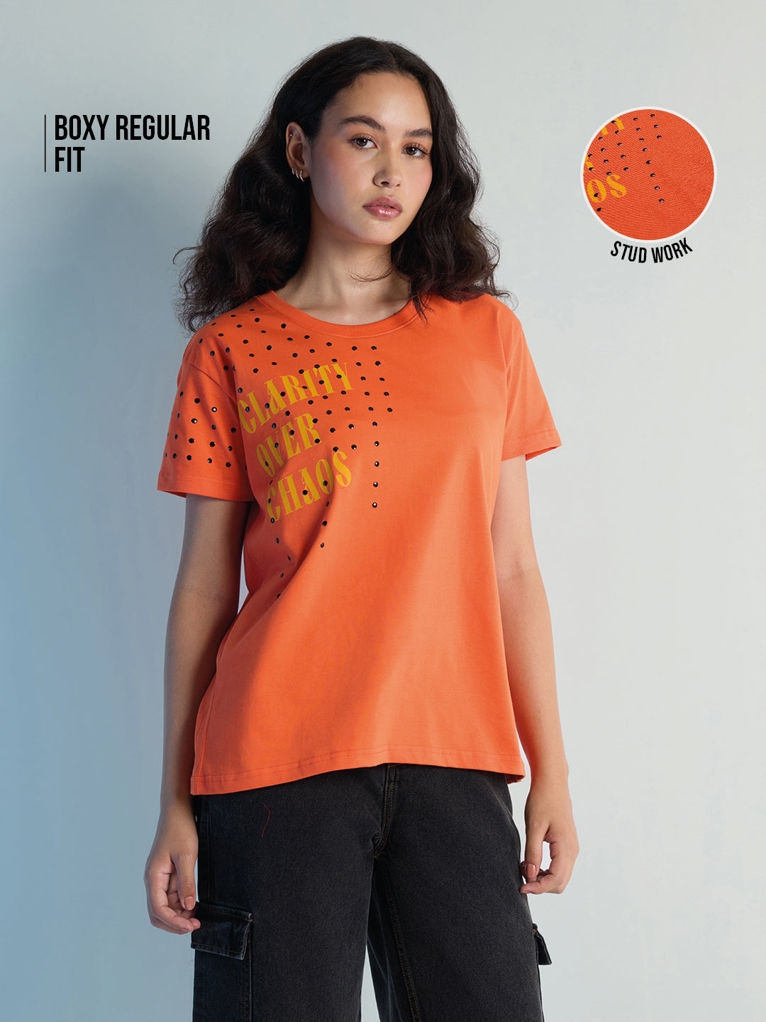Womens Stud Detailed Boxy Regular Round Neck Tshirt 