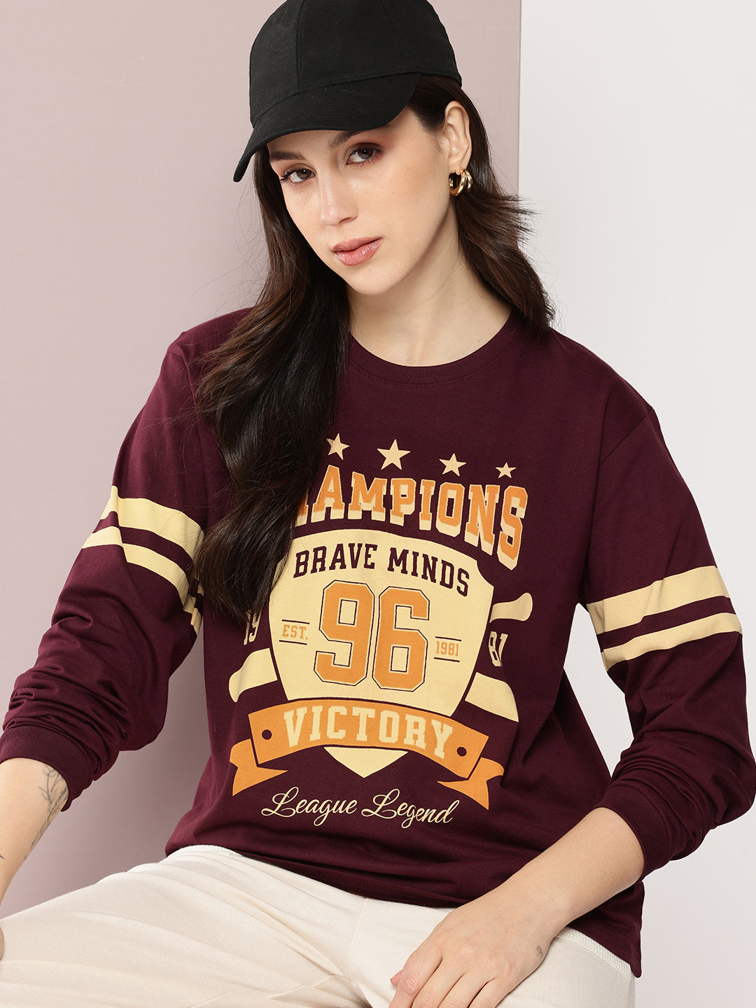 Womens Full Sleeve Round Neck Printed Oversized Fit Tshirts