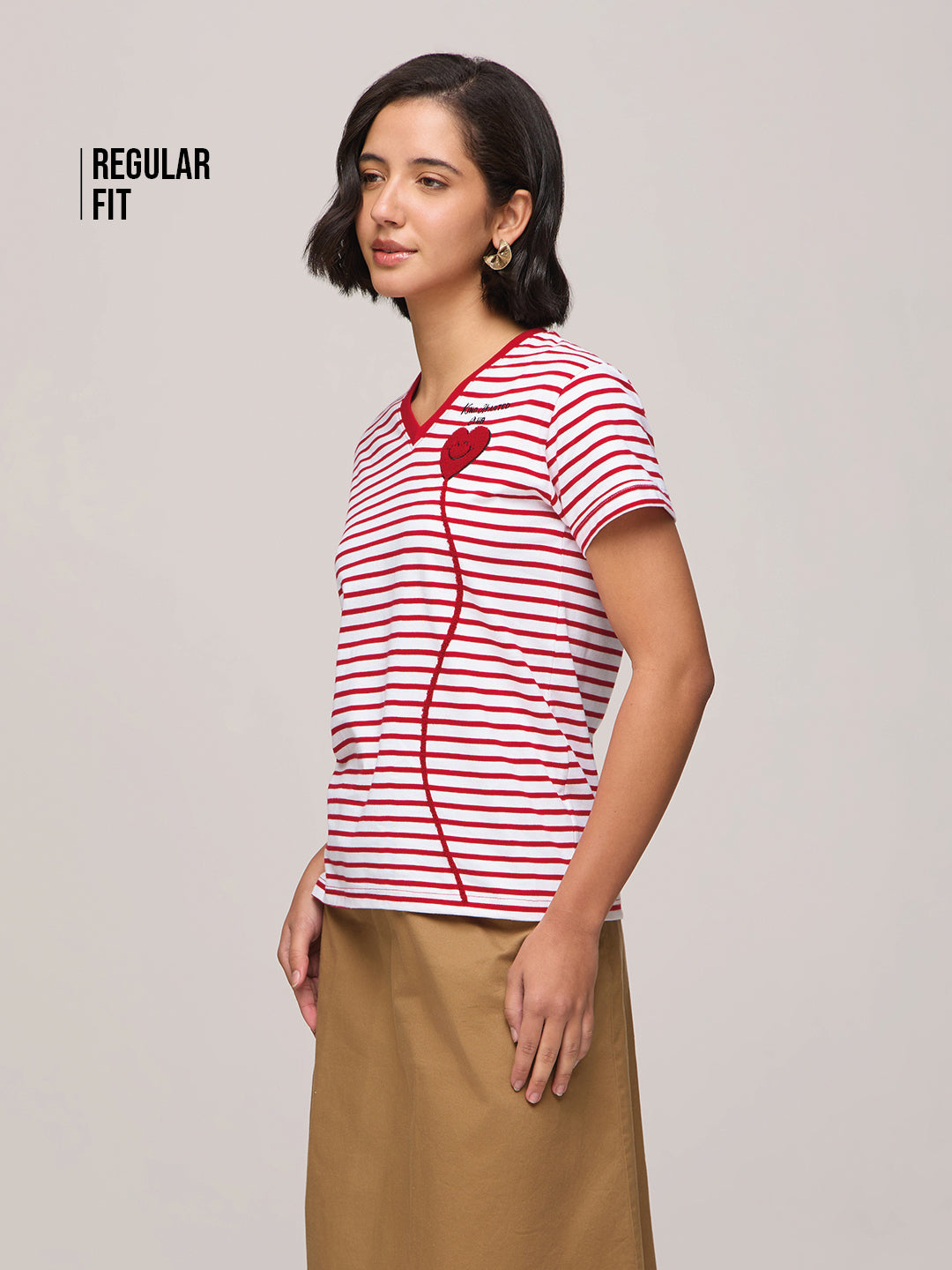 Womens Striped Regular Fit Cotton V-Neck T-Shirt