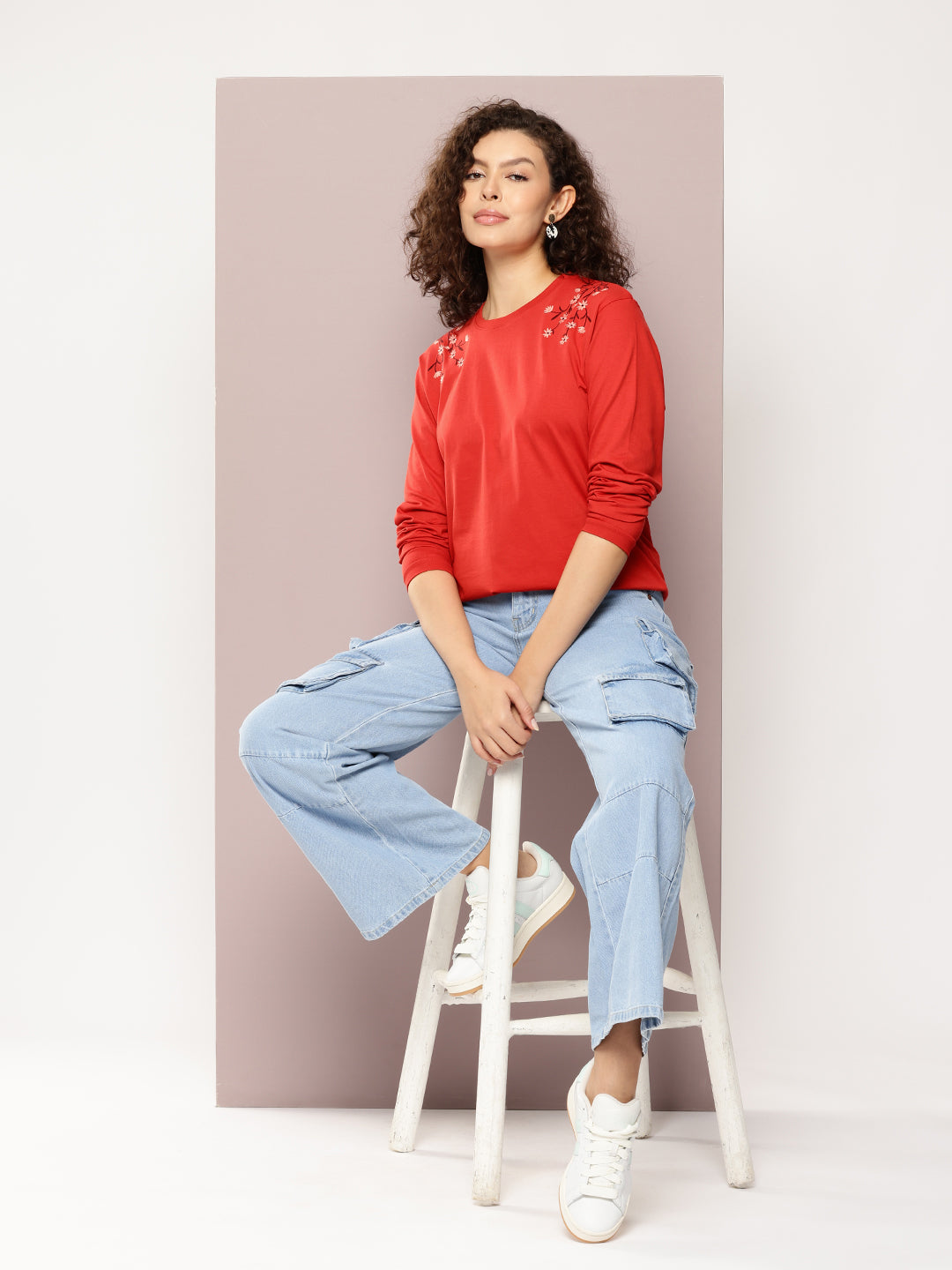 Womens Full Sleeve Round Neck Embroidered Oversized Fit Tshirts