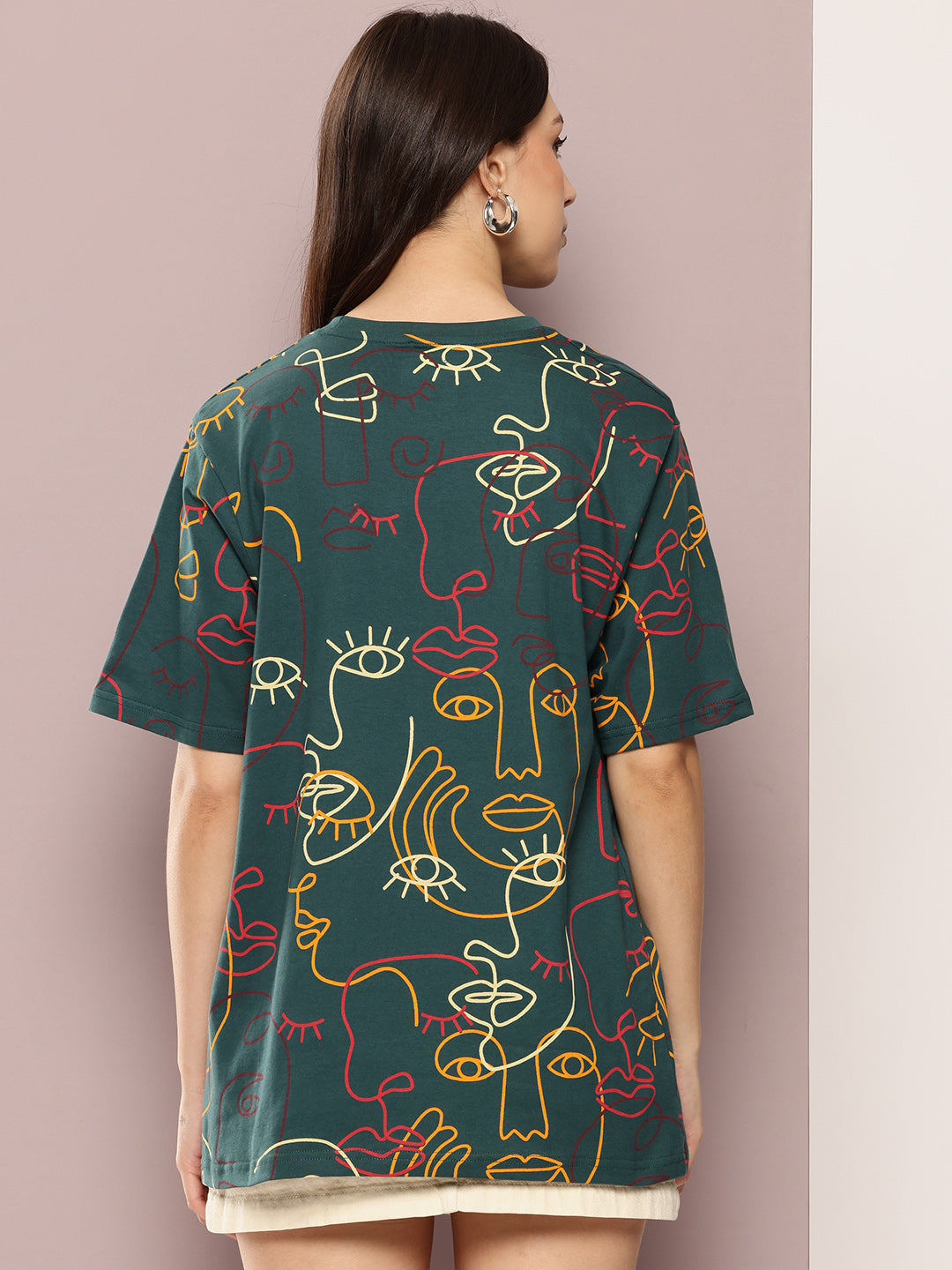 Womens Half Sleeve Round Neck All-Over Printed Oversized Fit Tshirts
