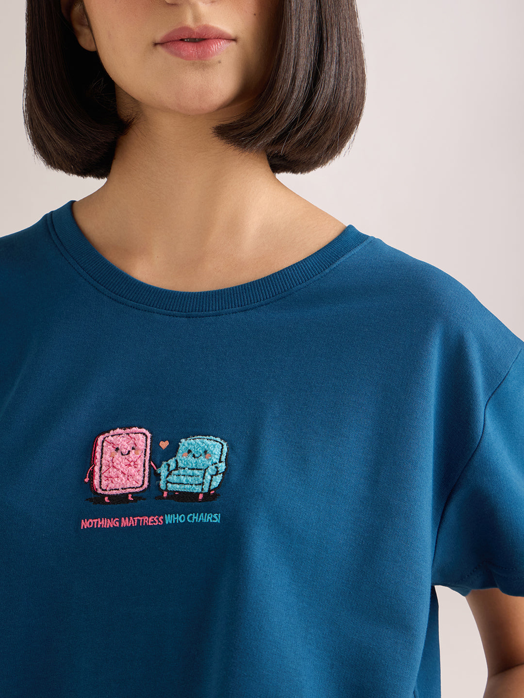 Womens Embroidery Boxy Regular Fit French Terry Cotton Tshirt