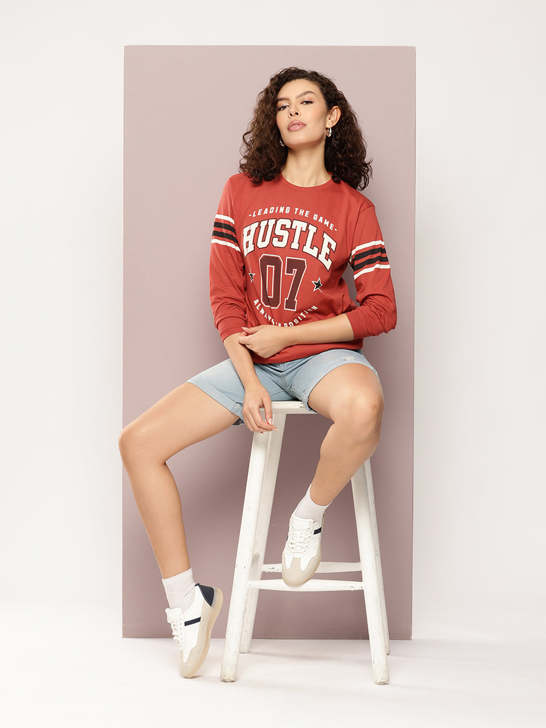 Womens Full Sleeve Round Neck Printed Oversized Fit Tshirts