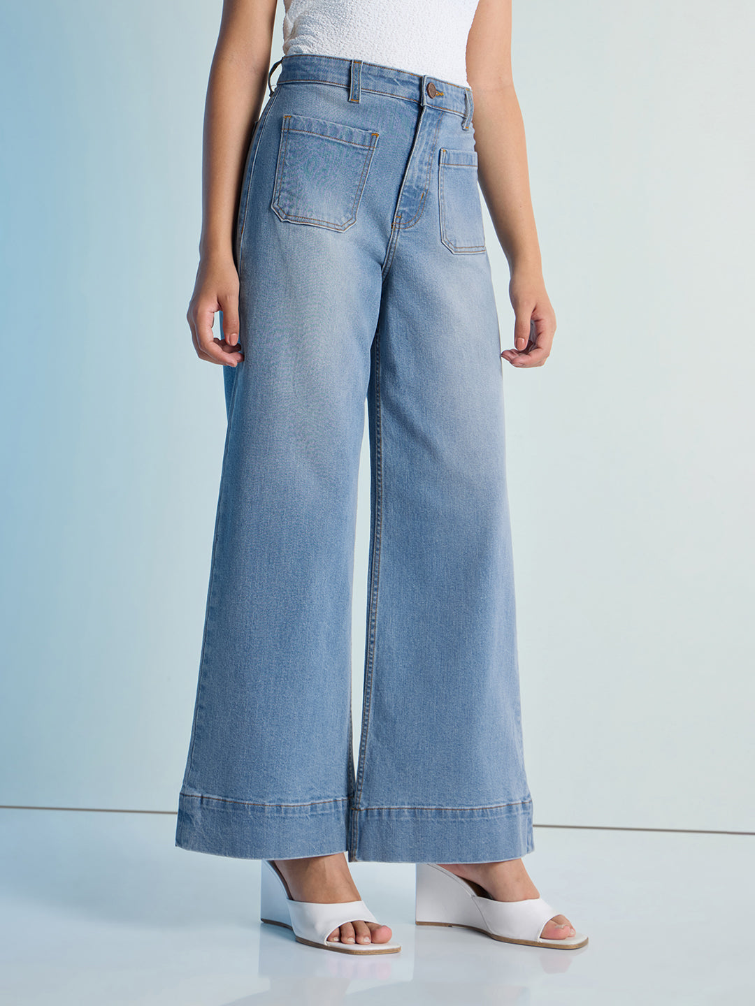 Womens Wide Leg Patch Pocket Denim Jeans Pant