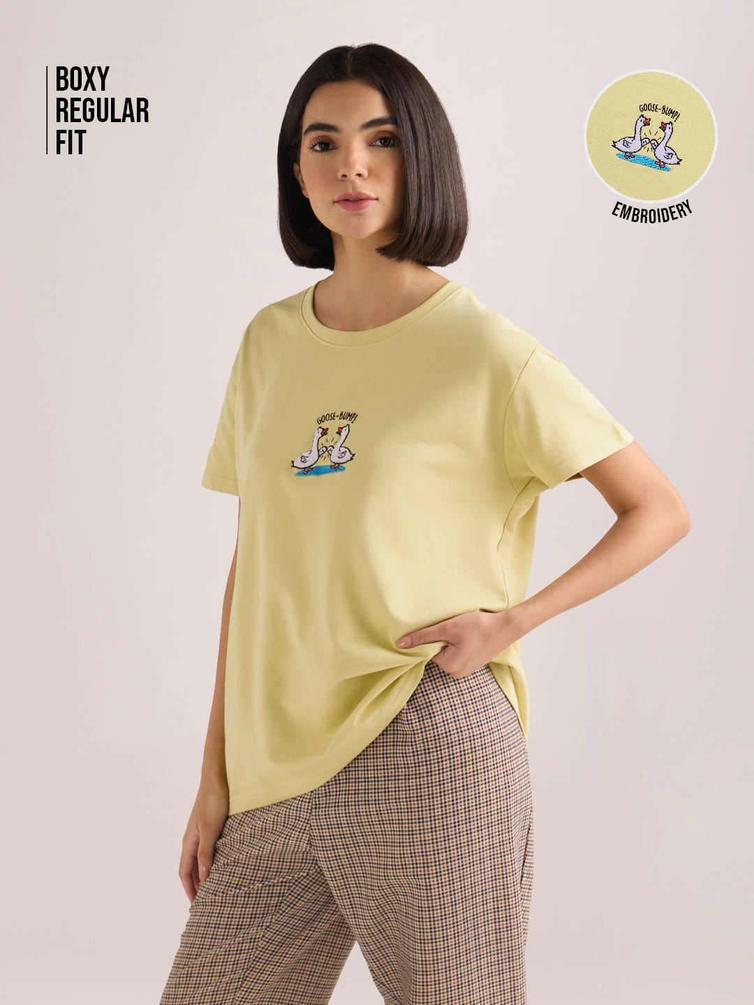 Womens Embroidery Boxy Regular Fit French Terry Cotton Tshirt