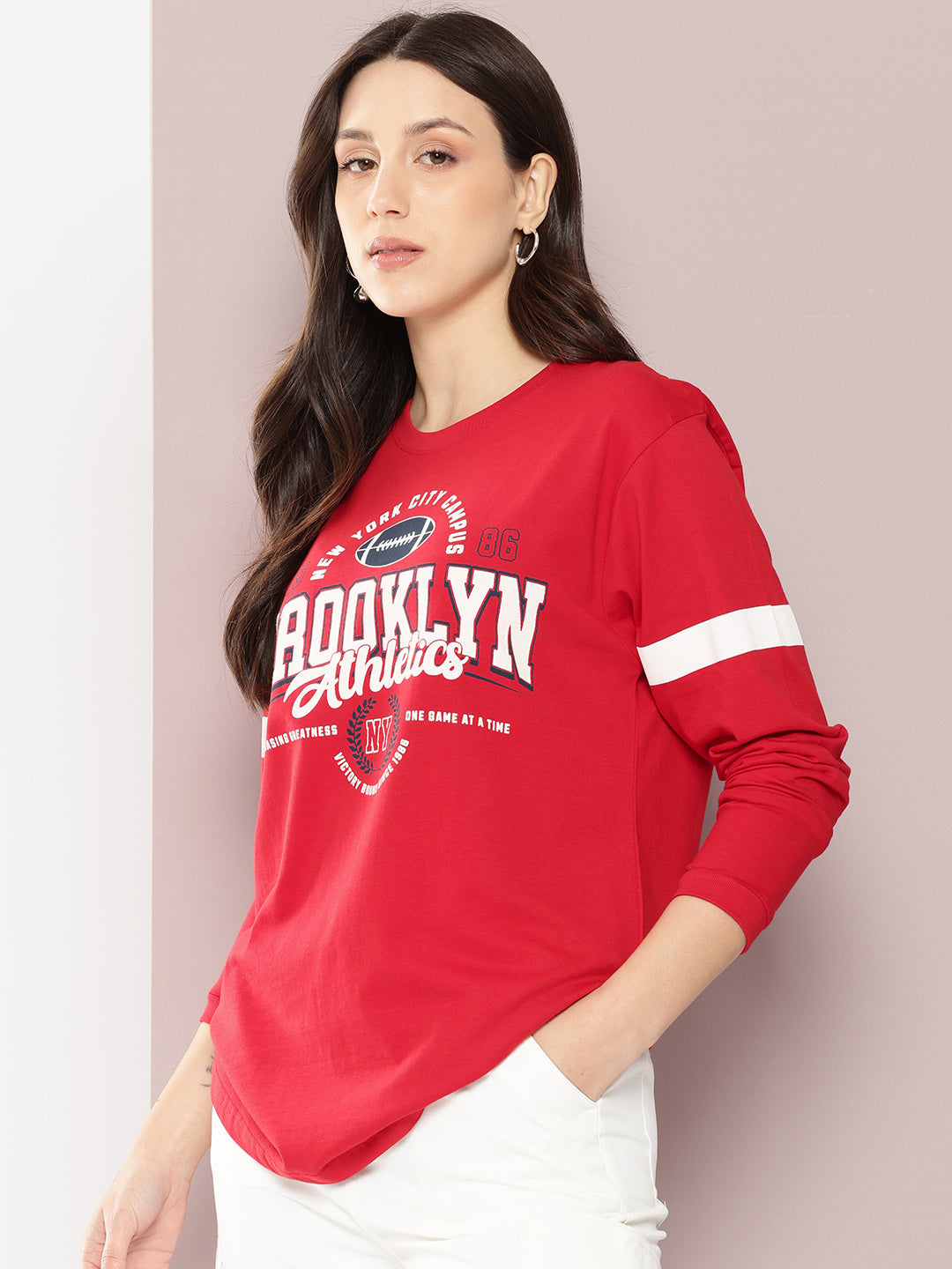 Womens Full Sleeve Round Neck Printed Oversized Fit Tshirts