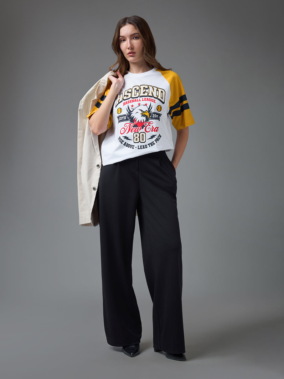 Womens Printed Raglan Sleeves Round Neck Oversized Fit Tshirt