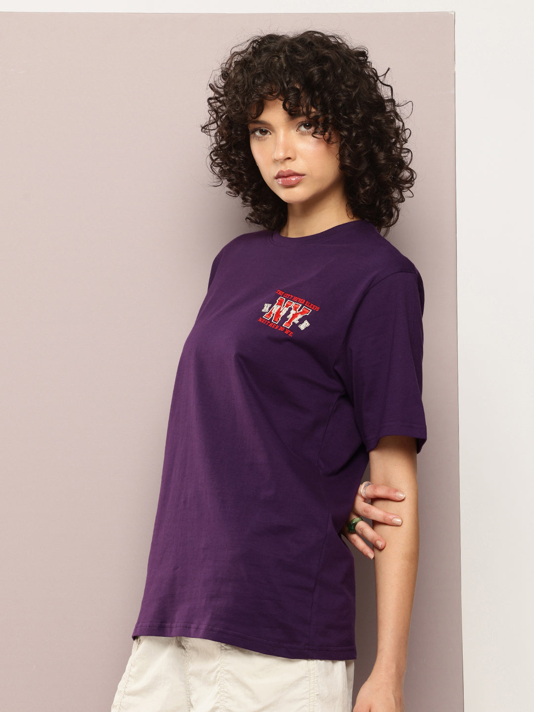 Womens Half Sleeve Round Neck Embroidery Oversized Fit Tshirts