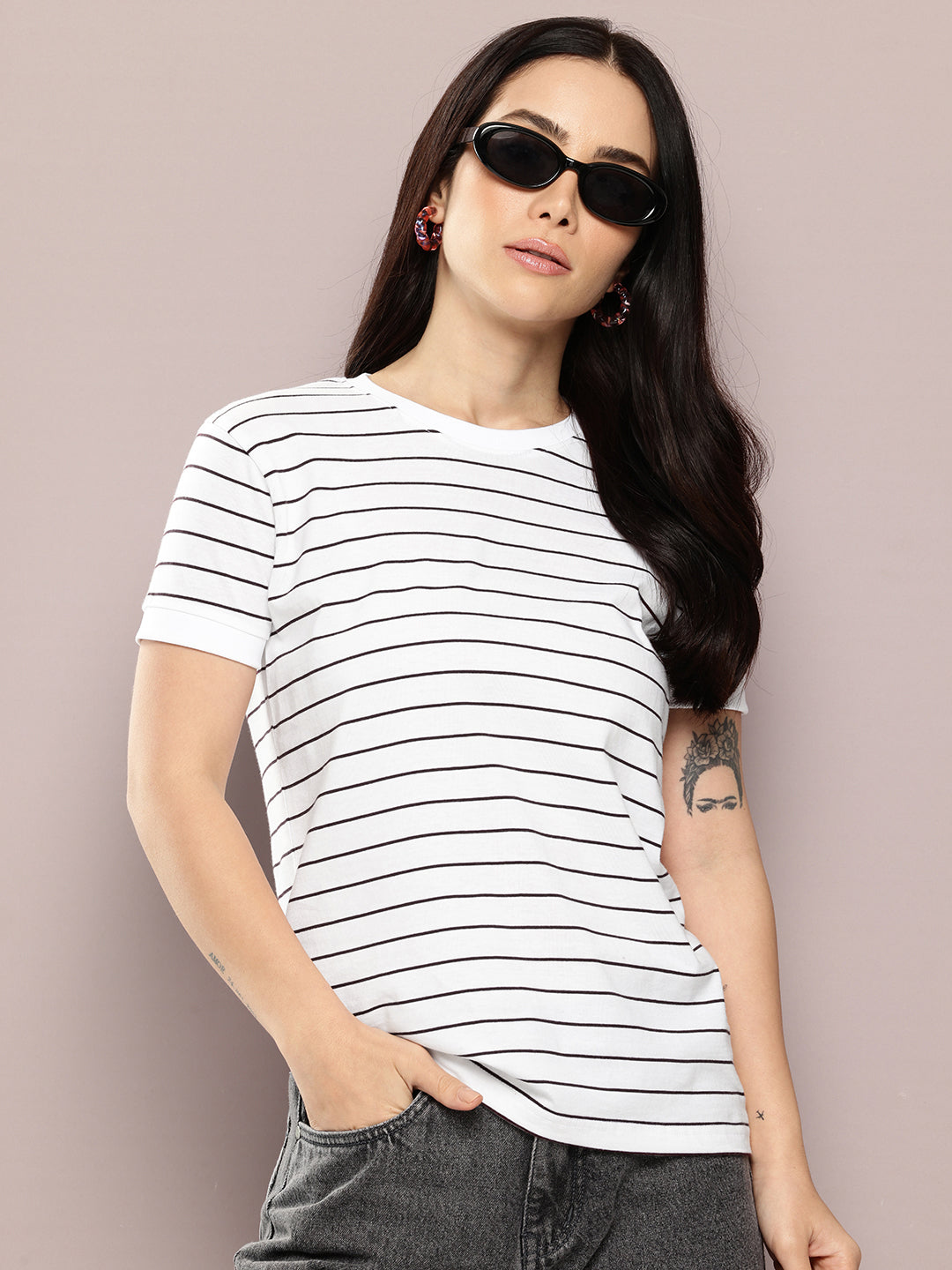 Womens Half Sleeve Round Neck All-Over Striped Regular Fit Tshirts