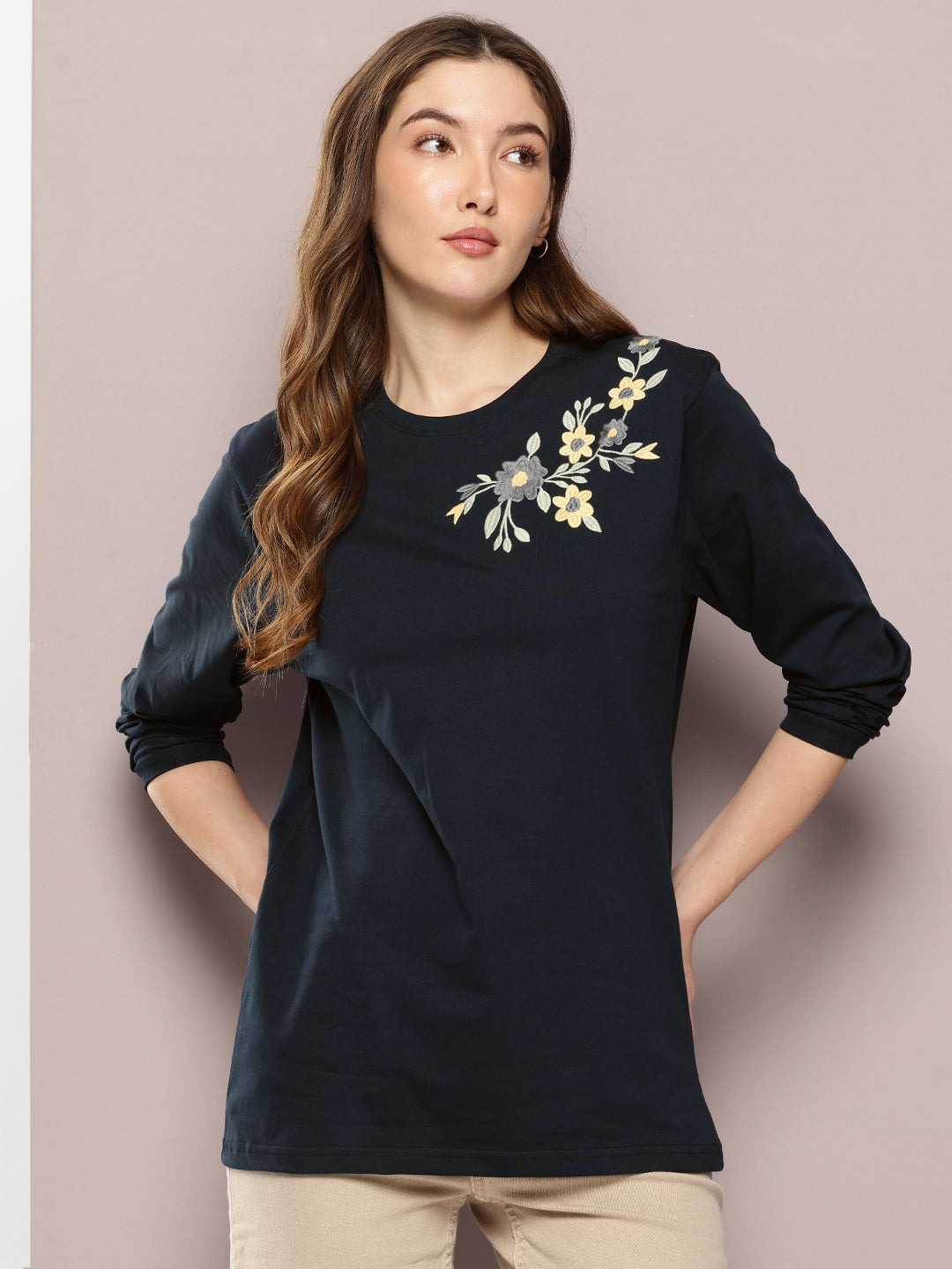 Womens Full Sleeve Round Neck Embroidered Oversized Fit Tshirts