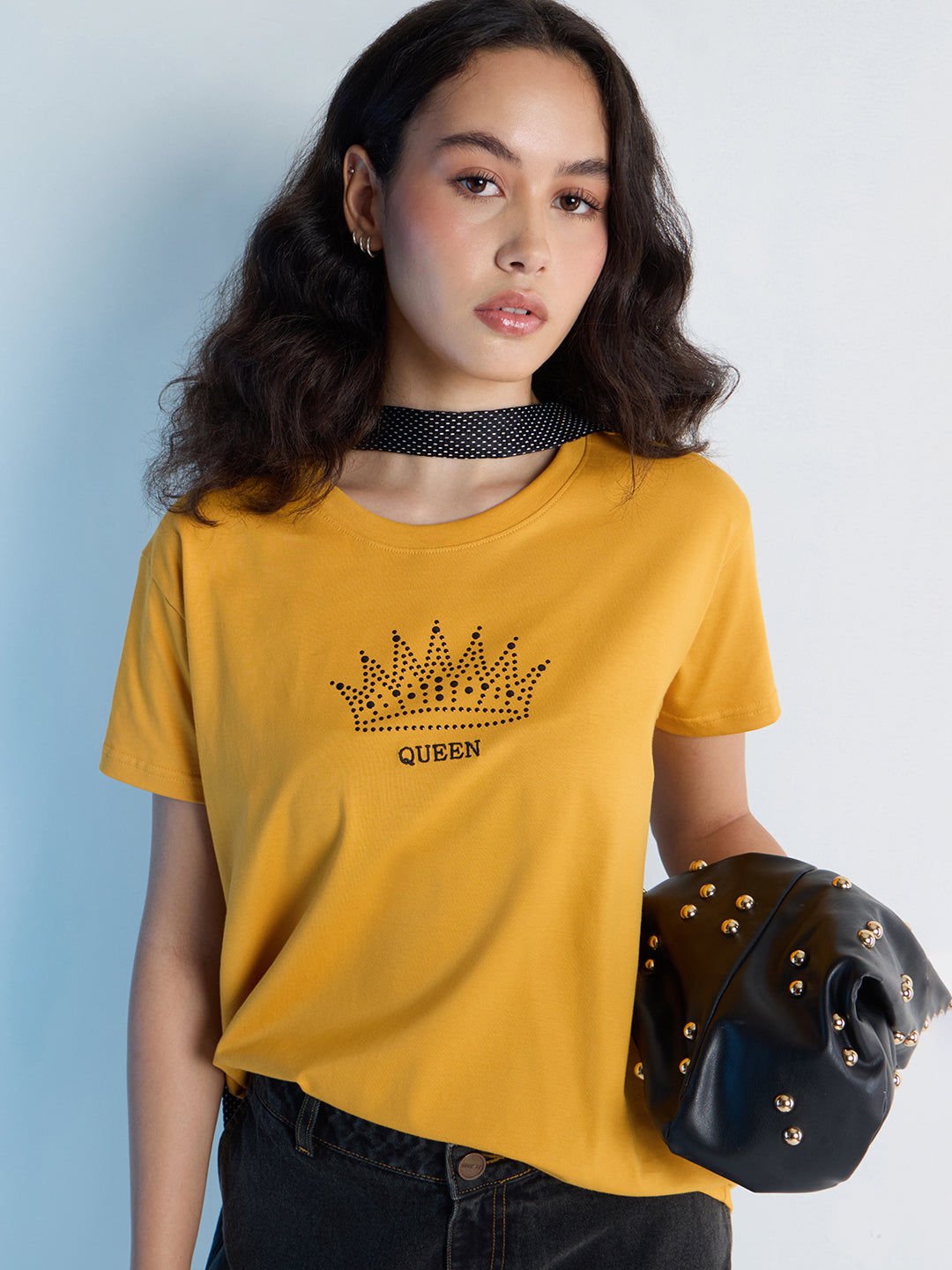 Womens Stud Detailed Boxy Regular Round Neck Tshirt 