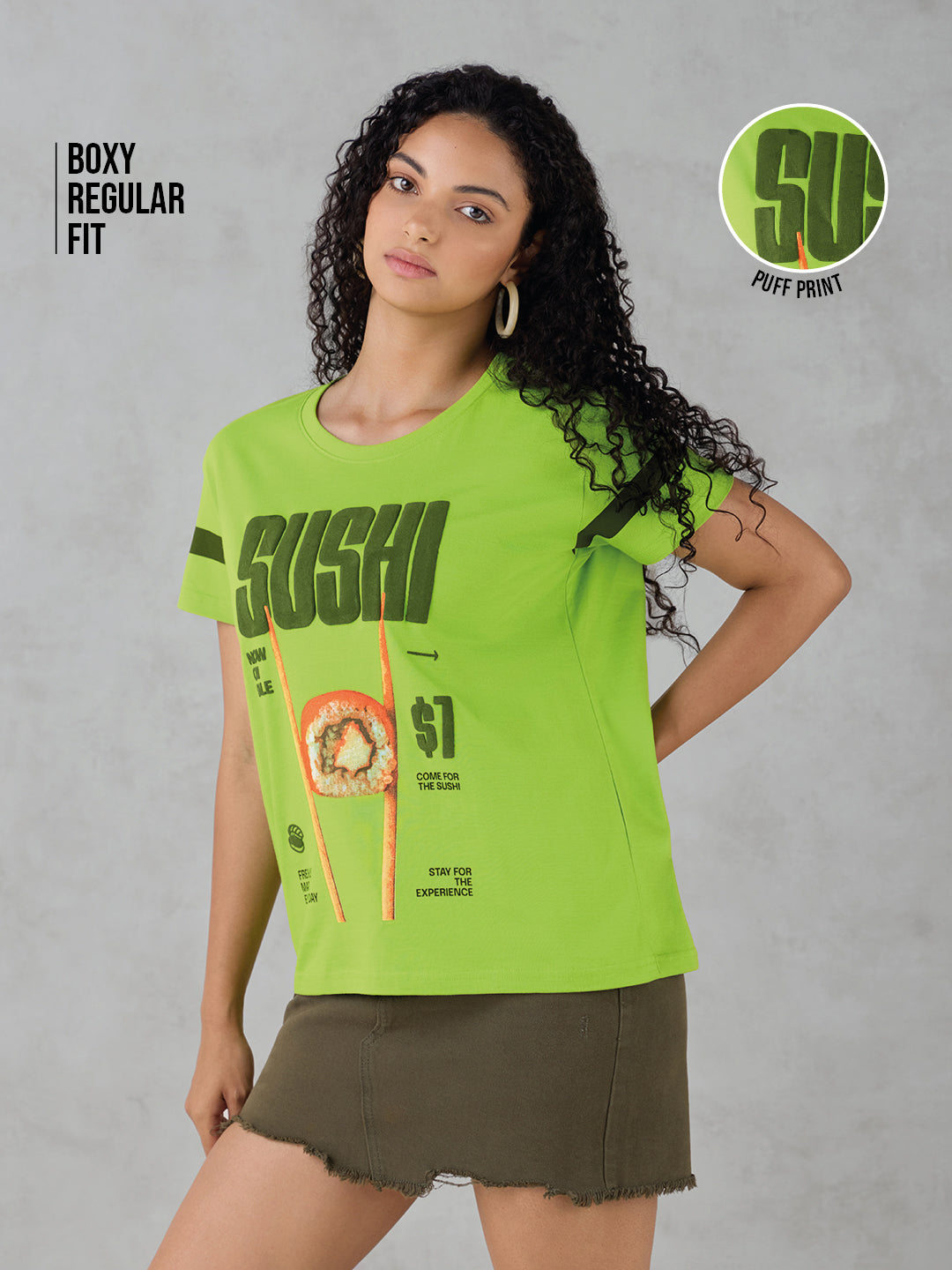 Womens Half Sleeve Puff Printed Boxy Regular Fit Tshirt