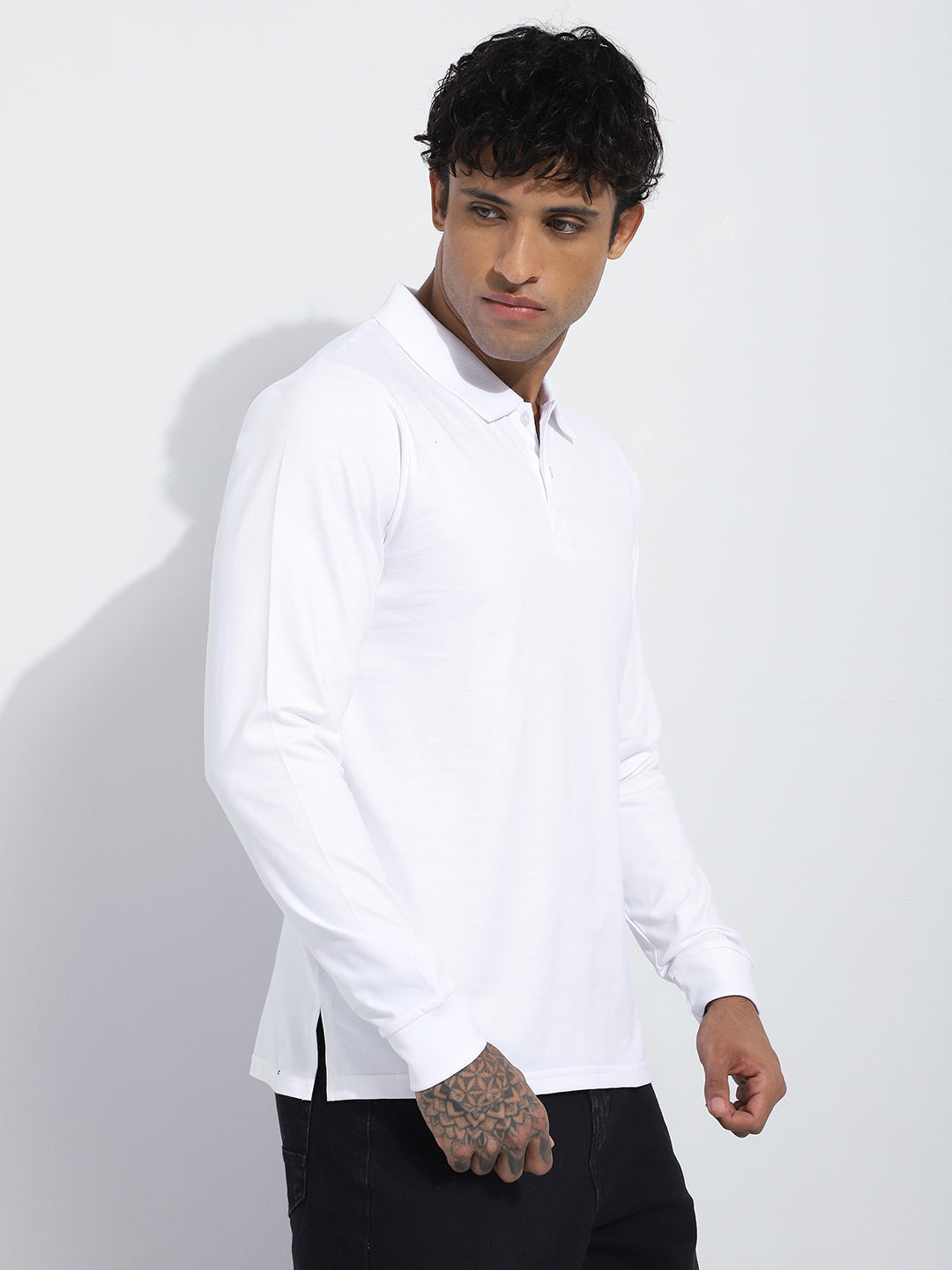 Mens Full Sleeve Polo Neck Solid Regular Fit Tshirts
