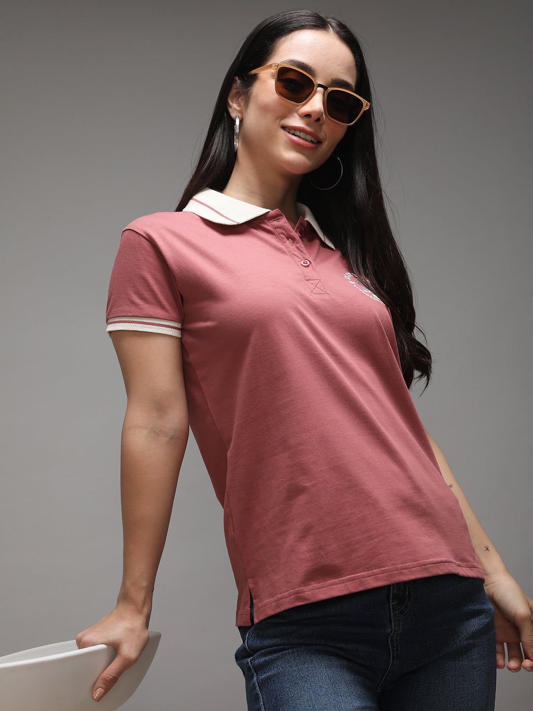 Womens Half Sleeve Polo Neck Solid Regular Fit Tshirts