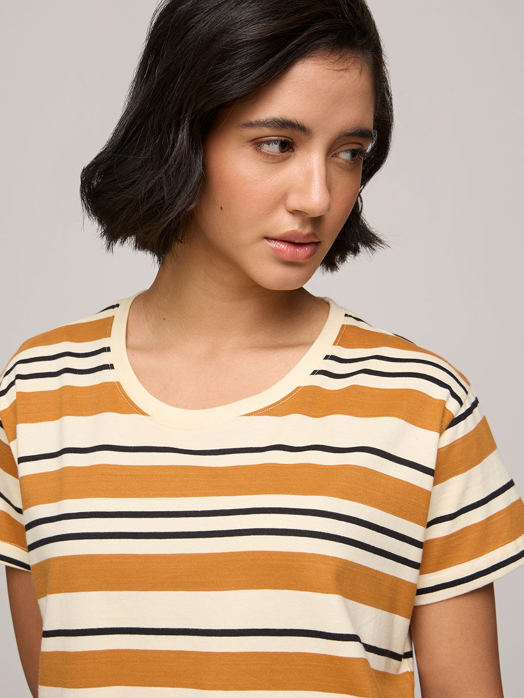 Womens Striped Boxy Regular Fit Cotton T-Shirt